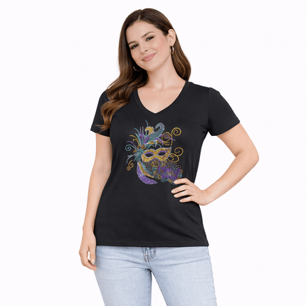 Mardi Gras Mask Rhinestone V - Neck Tee - Shirt - Mardi Gras Apparel - 100% Cotton, Adult, apparel discount tier - Rhinestone Tee - Shirt
