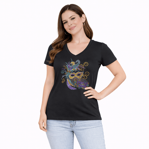 Mardi Gras Mask Rhinestone V - Neck Tee - Shirt - Mardi Gras Apparel - 100% Cotton, Adult, apparel discount tier - Rhinestone Tee - Shirt