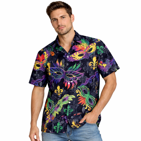Mardi Gras Masquerade Black Short Sleeve Button - Up Shirt - Mardi Gras Apparel - Adult, apparel discount tier, Buttons up - Buttons - Up