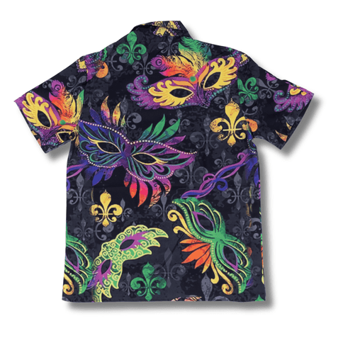 Mardi Gras Masquerade Black Short Sleeve Button - Up Shirt - Mardi Gras Apparel - Adult, Buttons up, Front Design - Buttons - Up