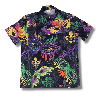 Mardi Gras Masquerade Black Short Sleeve Button - Up Shirt - Mardi Gras Apparel - Adult, Buttons up, Front Design - Buttons - Up