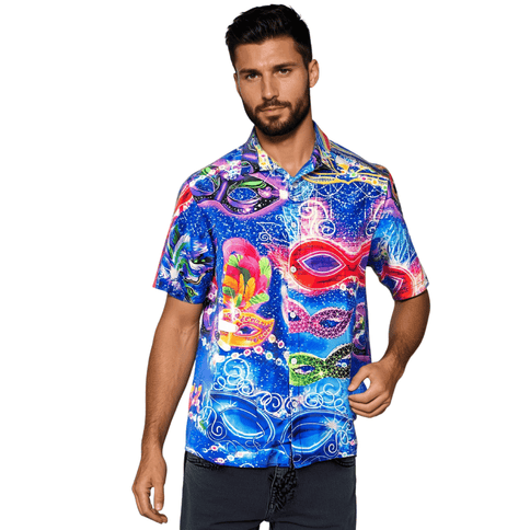 Mardi Gras Masquerade Print Short Sleeve Shirt - Mardi Gras Apparel - Adult, Buttons up, Gold -
