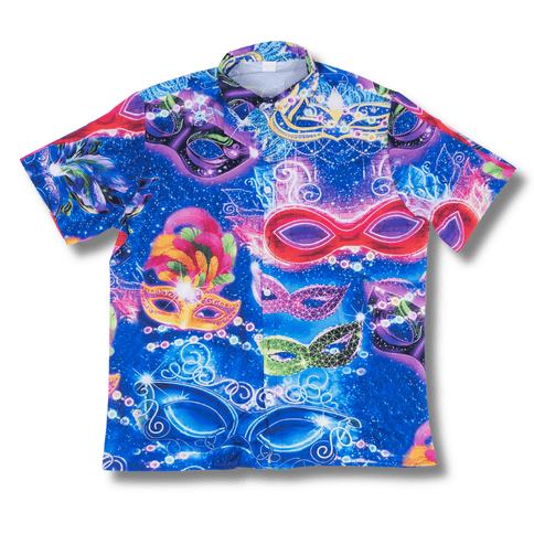 Mardi Gras Masquerade Print Short Sleeve Shirt - Mardi Gras Apparel - Adult, Buttons up, Gold -