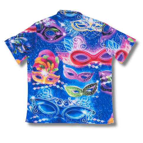 Mardi Gras Masquerade Print Short Sleeve Shirt - Mardi Gras Apparel - Adult, Buttons up, Gold -