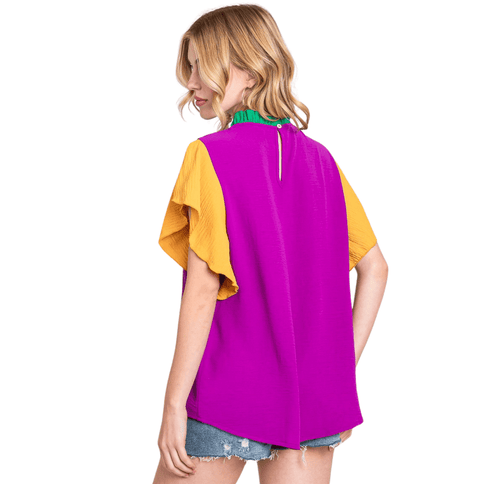 Mardi Gras Multi - Color Ruffle Sleeve Top - Mardi Gras Apparel - Adult, Ladies, Short Sleeve - Sweatshirt