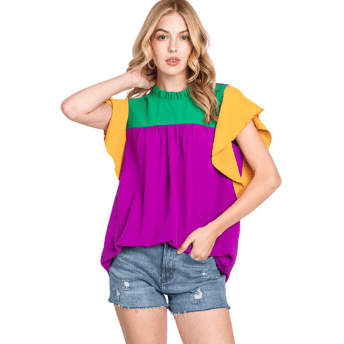 Mardi Gras Multi - Color Ruffle Sleeve Top - Mardi Gras Apparel - Adult, Ladies, Short Sleeve - Sweatshirt