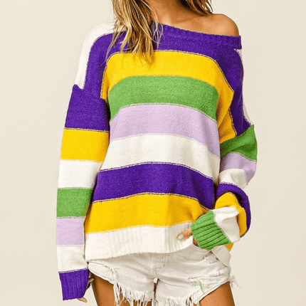 Mardi Gras Multi Color Stripe Sweater - Mardi Gras Apparel - Adult, Bibi, Bibi Top Chart - Sweaters