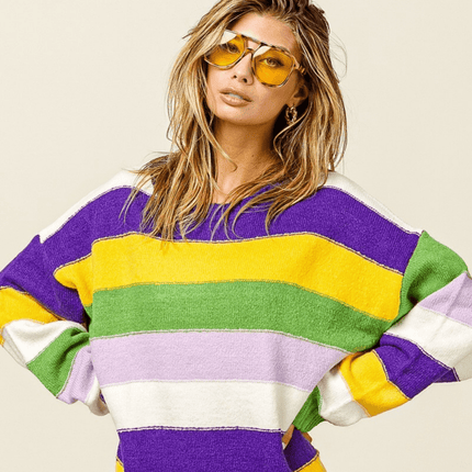 Mardi Gras Multi Color Stripe Sweater - Mardi Gras Apparel - Adult, Bibi, Bibi Top Chart - Sweaters
