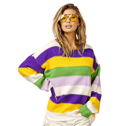 Mardi Gras Multi Color Stripe Sweater - Mardi Gras Apparel - Adult, Bibi, Bibi Top Chart - Sweaters