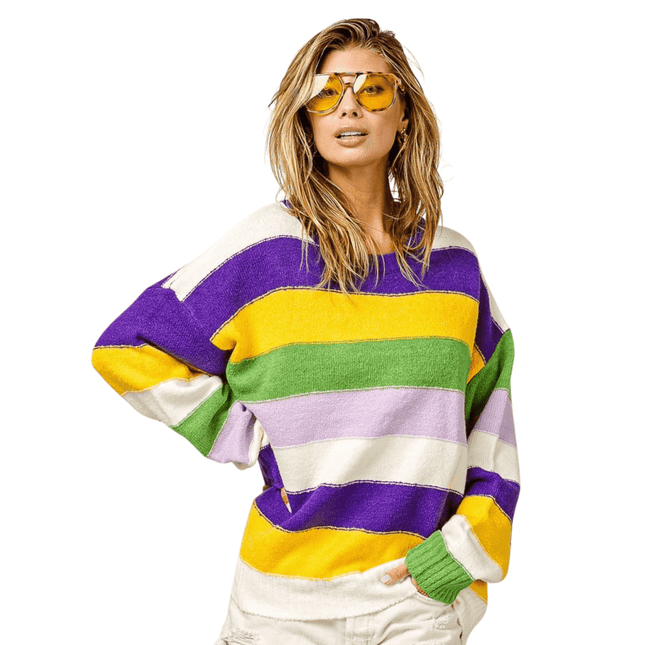 Mardi Gras Multi Color Stripe Sweater - Mardi Gras Apparel - Adult, Bibi, Bibi Top Chart - Sweaters