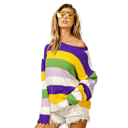Mardi Gras Multi Color Stripe Sweater - Mardi Gras Apparel - Adult, Bibi, Bibi Top Chart - Sweaters