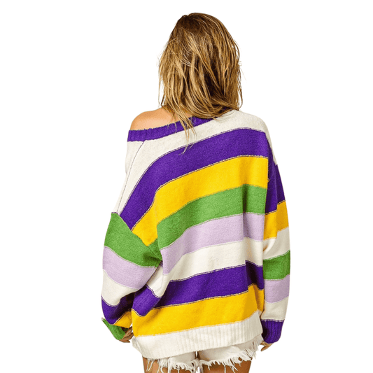 Mardi Gras Striped Oversized Comfy Sweater in Purple Multi main image 0