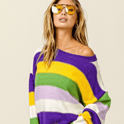 Mardi Gras Multi Color Stripe Sweater - Mardi Gras Apparel - Adult, Bibi, Bibi Top Chart - Sweaters