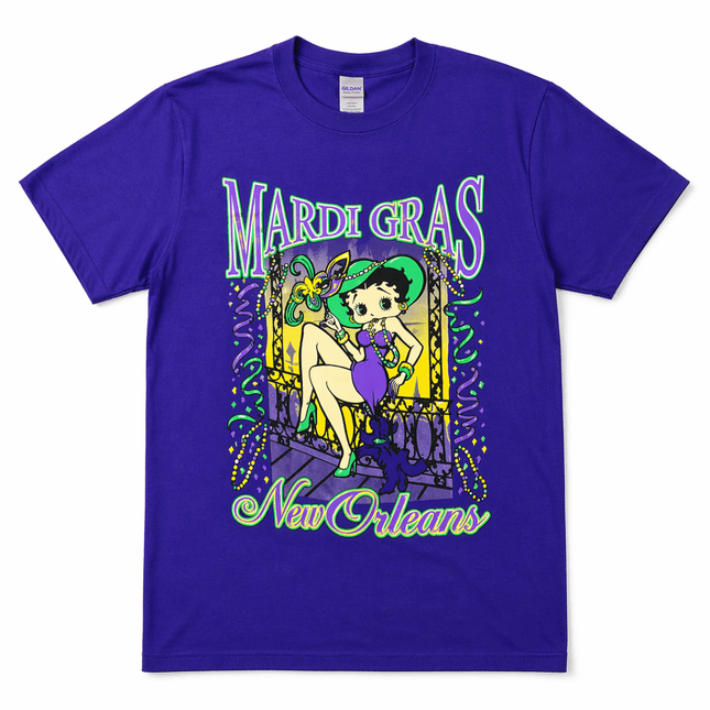 Mardi Gras New Orleans Betty Style Graphic T-Shirt – Purple Carnival Tee - Mardi Gras Apparel - Adult, Adult Unisex, apparel discount tier - Tee - Shirt