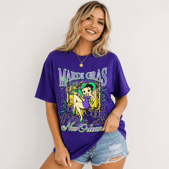 Mardi Gras New Orleans Betty Style Graphic T-Shirt – Purple Carnival Tee - Mardi Gras Apparel - Adult, Adult Unisex, apparel discount tier - Tee - Shirt