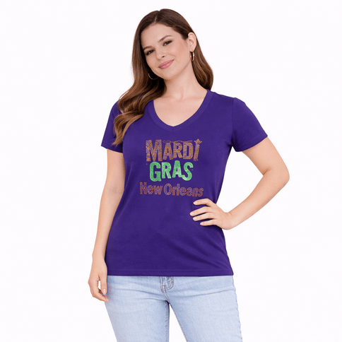 Mardi Gras New Orleans V - Neck Rhinestone Tee - shirt - Mardi Gras Apparel - 100% Cotton, Adult, apparel discount tier - Rhinestone Tee - Shirt