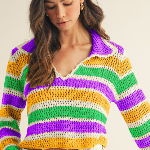Mardi Gras Opend Collar Striped Sweater Top - Mardi Gras Apparel - Adult, apparel discount tier, Green - Sweaters