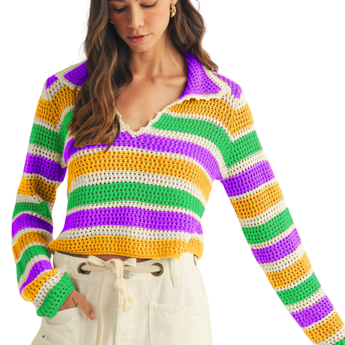 Mardi Gras Opend Collar Striped Sweater Top - Mardi Gras Apparel - Adult, apparel discount tier, Green - Sweaters