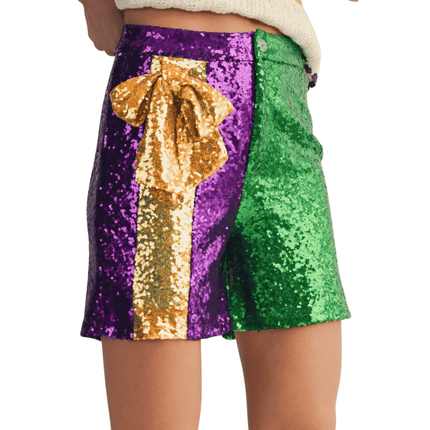 Mardi Gras Oversized Gold Wequin Bow Shorts - Mardi Gras Apparel - Adult, apparel discount tier, Ladies - Shorts