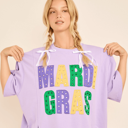 Mardi Gras Oversized Graphic Tee With Stud - Mardi Gras Apparel - Adult, Green, Ladies - Sweaters