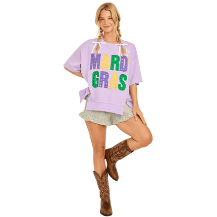 Mardi Gras Oversized Graphic Tee With Stud - Mardi Gras Apparel - Adult, Green, Ladies - Sweaters