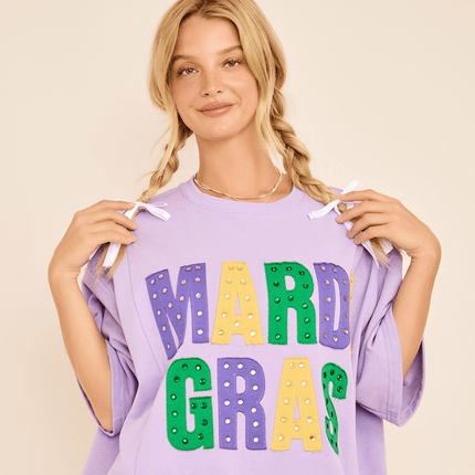 Mardi Gras Oversized Graphic Tee With Stud - Mardi Gras Apparel - Adult, Green, Ladies - Sweaters