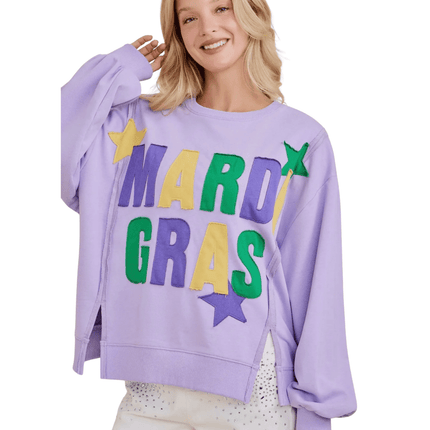 Mardi Gras Patchwork Sweatshirt - Mardi Gras Apparel - Adult, Bibi, Bibi Top Chart - Sweaters