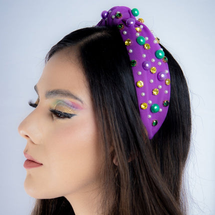 Mardi Gras Pearl Embellished Knotted Headband - Mardi Gras Apparel - Accessories, Headbands, Mardi Gras - Mardi Gras Headband