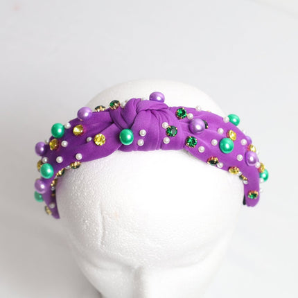 Mardi Gras Pearl Embellished Knotted Headband - Mardi Gras Apparel - Accessories, Headbands, Mardi Gras - Mardi Gras Headband