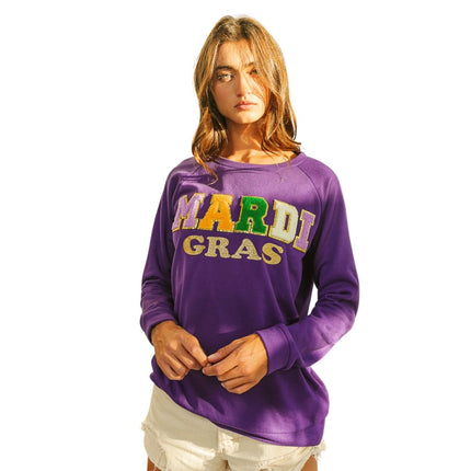 Mardi Gras Purple Letter Glitter Pullover - Mardi Gras Apparel - Adult, Front Design, Ladies - 