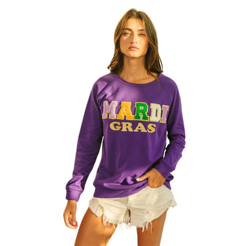 Mardi Gras Purple Letter Glitter Pullover - Mardi Gras Apparel - Adult, Front Design, Ladies -