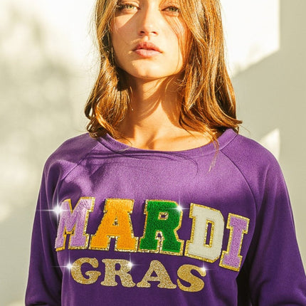 Mardi Gras Purple Letter Glitter Pullover - Mardi Gras Apparel - Adult, Front Design, Ladies - 