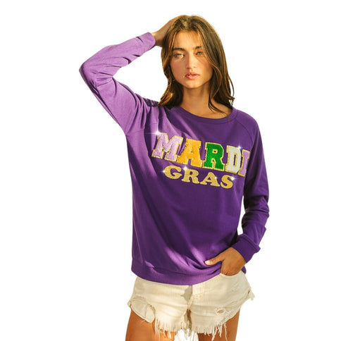 Mardi Gras Purple Letter Glitter Pullover - Mardi Gras Apparel - Adult, Front Design, Ladies -
