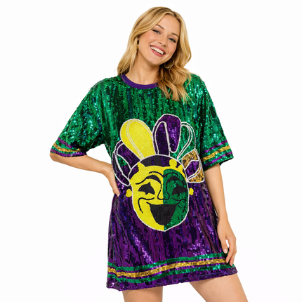 Mardi Gras Purple Mask Sequin Dress Lettered Party - Mardi Gras Apparel - Adult, apparel discount tier, Dress - Dress
