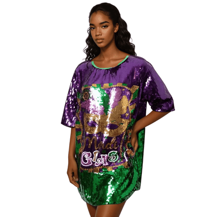 Mardi Gras Purple Mask Sequin Dress Lettered - Mardi Gras Apparel - Adult, Dress, Front Design - Dress