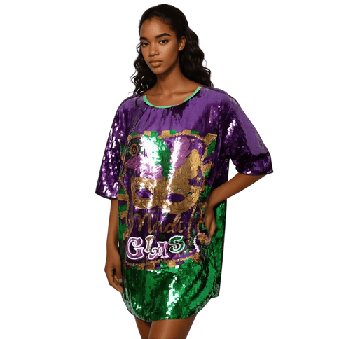 Mardi Gras Purple Mask Sequin Dress Lettered - Mardi Gras Apparel - Adult, Dress, Front Design - Dress