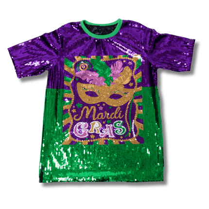 Mardi Gras Purple Mask Sequin Dress Lettered - Mardi Gras Apparel - Adult, Dress, Front Design - Dress