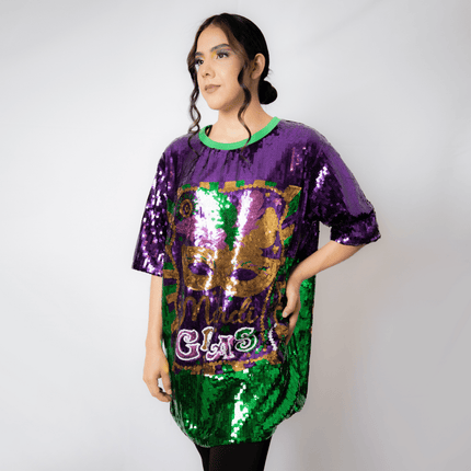 Mardi Gras Purple Mask Sequin Dress Lettered - Mardi Gras Apparel - Adult, Dress, Front Design - Dress