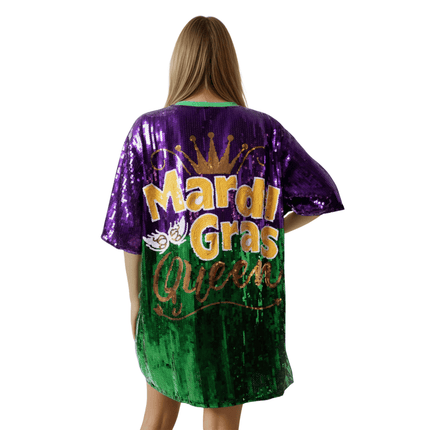 Mardi Gras Purple Mask Sequin Dress Lettered - Mardi Gras Apparel - Adult, Dress, Front Design - Dress