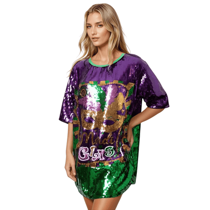 Mardi Gras Purple Mask Sequin Dress Lettered - Mardi Gras Apparel - Adult, Dress, Front Design - Dress