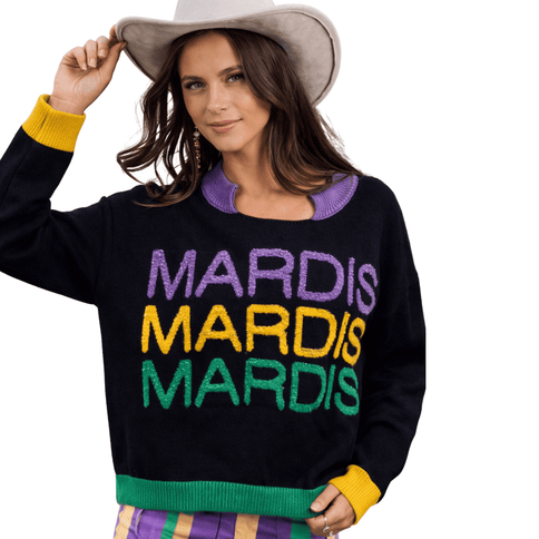 Mardi Gras Rainbow Letter Accent Sweater Black - Mardi Gras Apparel - Adult, Ladies, Mardi Gras - Sweater