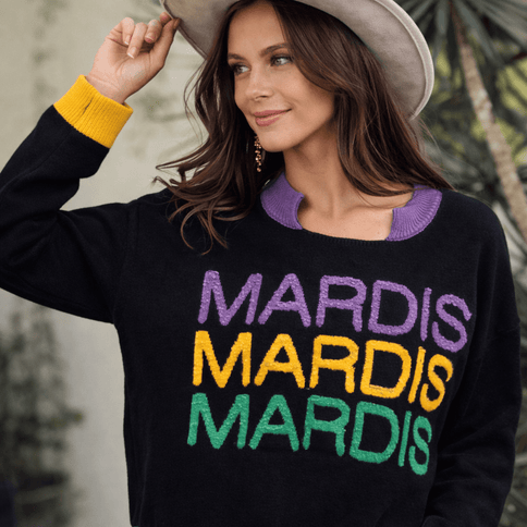 Mardi Gras Rainbow Letter Accent Sweater Black - Mardi Gras Apparel - Adult, Ladies, Mardi Gras - Sweater
