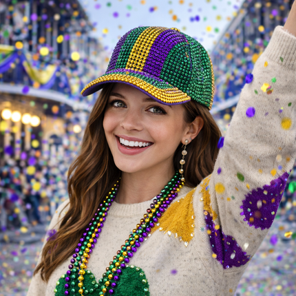 Mardi Gras Rhinestone Baseball Cap - Mardi Gras Apparel - Accessories, Hats, Mardi Gras - Hats