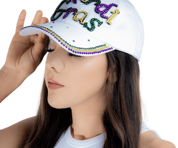 Mardi Gras Rhinestone Embellished White Hat - Mardi Gras Apparel display picture 1