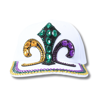 Mardi Gras Rhinestone Fleur - de - Lis White Baseball Hat - Mardi Gras Apparel - Accessories, Hats, Mardi Gras - Hats