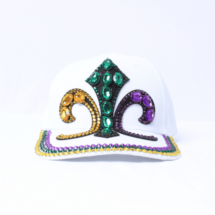 Mardi Gras Rhinestone Fleur - de - Lis White Baseball Hat - Mardi Gras Apparel - Accessories, Hats, Mardi Gras - Hats