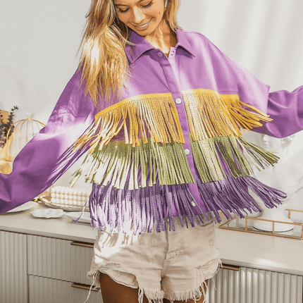 Mardi Gras Rhinestone Fringe Studed Collar Jacket - Mardi Gras Apparel - Adult, Bibi, Bibi Top Chart - Sequin Jacket