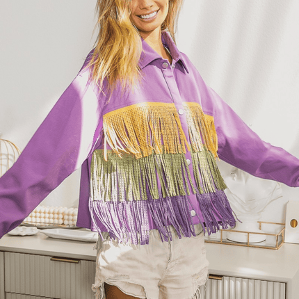 Mardi Gras Rhinestone Fringe Studed Collar Jacket - Mardi Gras Apparel - Adult, Bibi, Bibi Top Chart - Sequin Jacket