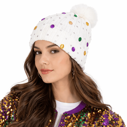 Mardi Gras Rhinestone Knit Beanie with Faux Fur Pom - White - Mardi Gras Apparel - Accessories, accessory discount tier, Adult - Beanie