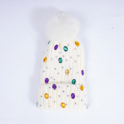 Mardi Gras Rhinestone Knit Beanie with Faux Fur Pom - White - Mardi Gras Apparel - Accessories, Adult, Black - Hats